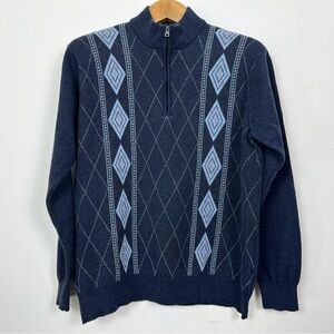 Greg Norman Men’s Dark Blue Merino Cotton Argyle Zip-Up‎ Sweater Size Medium